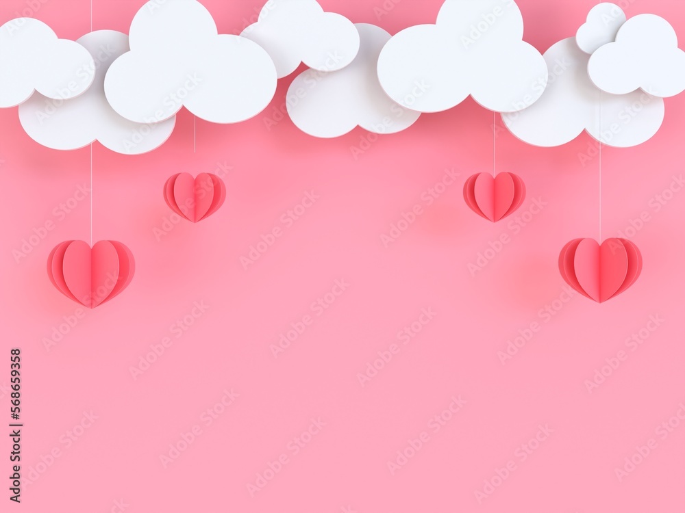 3d valentine's template with clouds and paper cut heart hung from the above. valentine's mock-up with copy space. 3d illustration.