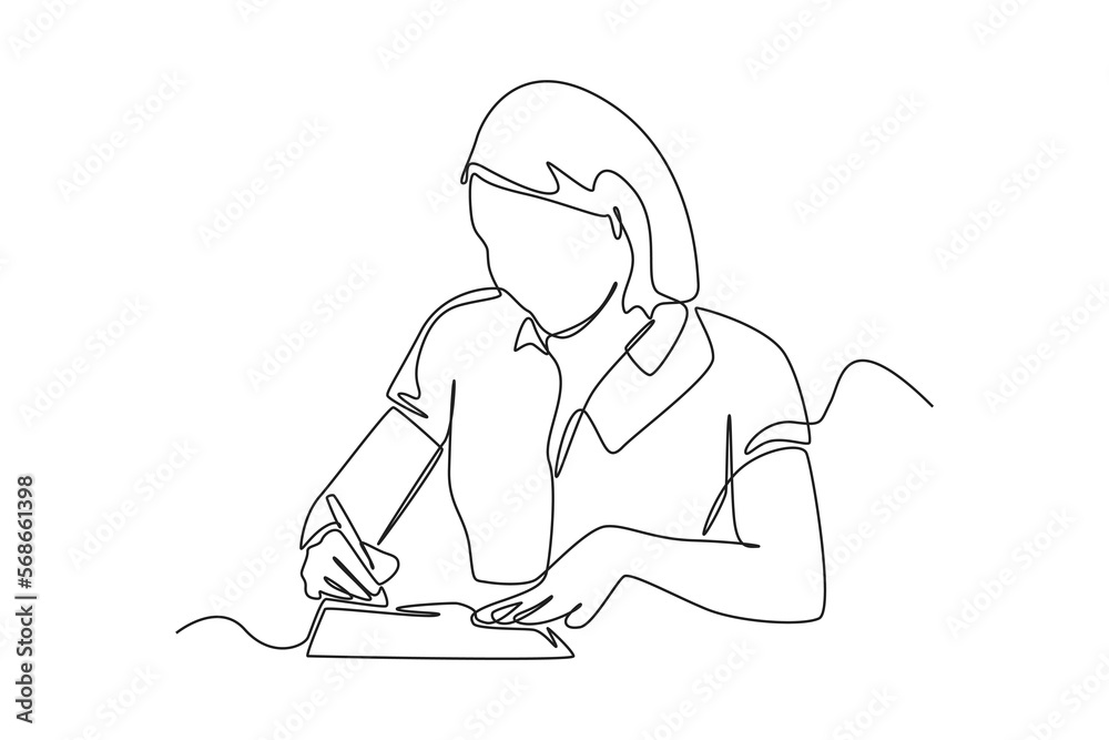 Single one line drawing happy business woman hand holding pen and filling tax form. Tax concept. Continuous line draw design graphic vector illustration. Single one line drawing happy business woman hand holding pen and filling tax form. Tax concept. Continuous line draw design graphic vector illustration.