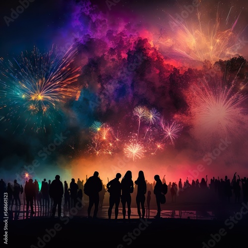 Happiness of a group while fireworks coloring the sky. a magical moment on a special event created by generative ai
