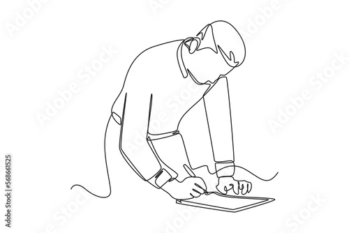 Single one line drawing happy man hands holding pen and filling tax form. Tax concept. Continuous line draw design graphic vector illustration.