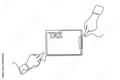 Single one line drawing tax form and pointing. Tax concept. Continuous line draw design graphic vector illustration.
