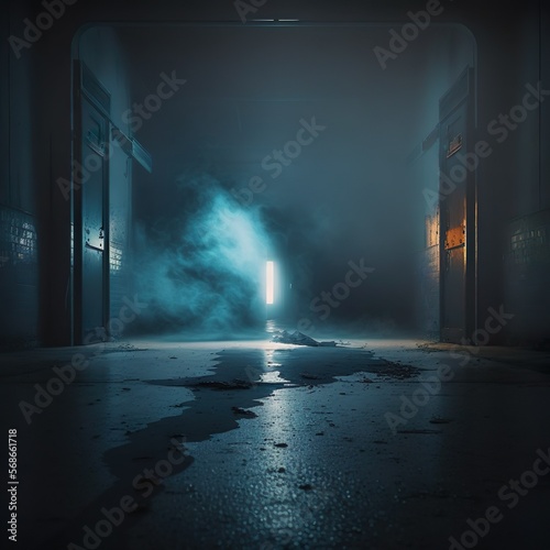 Dark street with dark blue neon background,.The concrete floor and studio room with smoke created with Generative AI