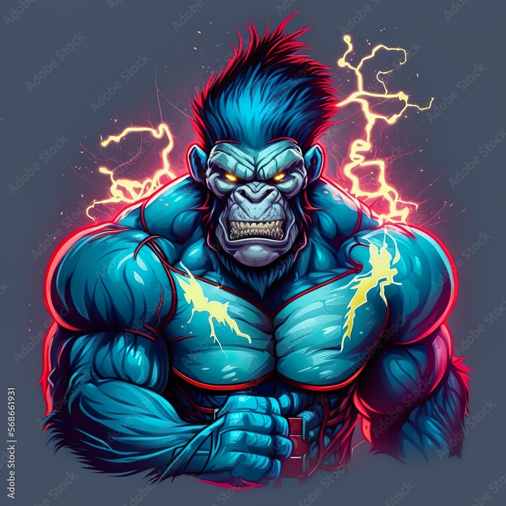 Mascot logo of an angry electro gorilla with neon electric lights. Generative AI