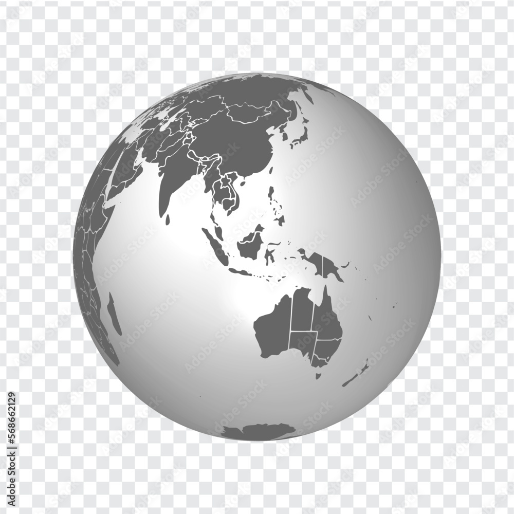 Fototapeta premium Globe of Earth with borders of all countries. 3d icon Globe in gray. High quality world map in gray. South Asia, Australia with all states, New Zealand. EPS10.