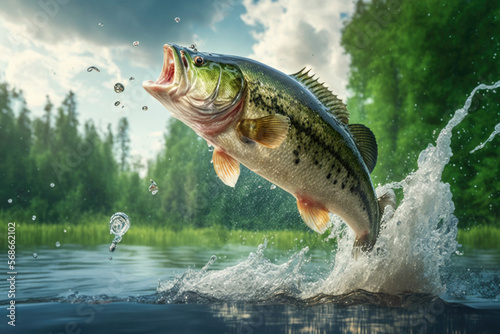 Largemouth Bass Jumping out of water created with Generative AI Technology, ai, generative photo