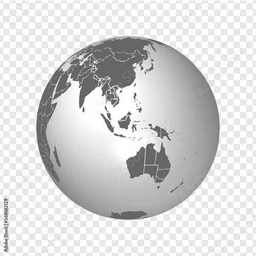 Globe of Earth with borders of all countries. 3d icon Globe in gray. High quality world map in gray. South Asia, Australia with all states, New Zealand. EPS10. 