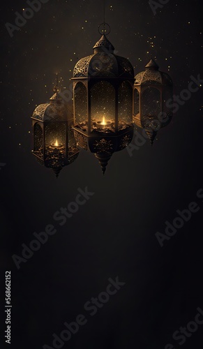 lantern ramadan islamic, eid mubarak banner with generative AI  © Daunhijauxx