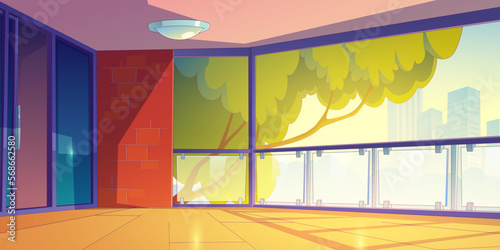 Home balcony, house terrace with glass fence. Empty balcony of apartment or hotel with handrails, doors, lamp and view to city with tree and buildings, vector illustration in contemporary style