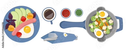 Plate with egg sausage and avocado. Frying pan with eggs and vegetables. Coffee sauces and cutlery. Breakfast set. Flat vector illustration, eps10