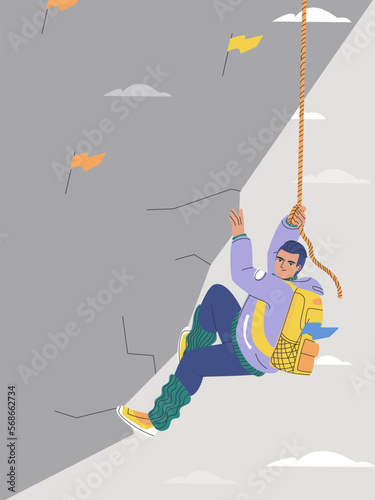 Man climbs a rope on a rock. Rock climber. Tourist with a backpack climbs a rock. Flat vector illustration, eps 10