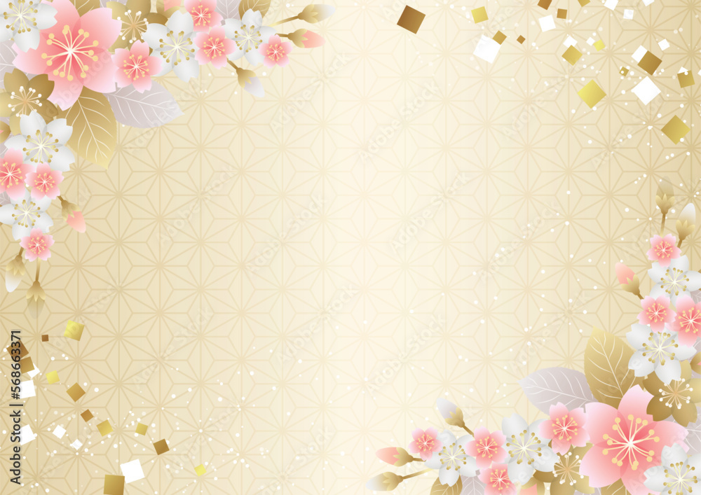 Fototapeta premium 対角紅白梅と麻の葉模様地の和背景ヨコ金