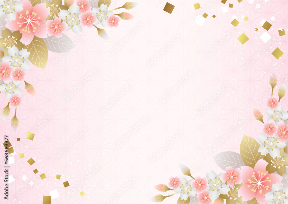 Fototapeta premium 対角紅白梅と麻の葉模様地の和背景ヨコピンク