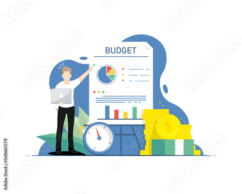 Planning budget concept, Human standing with money cash, Digital marketing illustration.