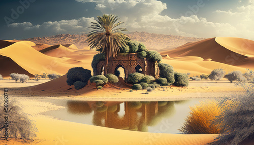 oasis in the desert, sahara dunes, old building, fata morgana photo