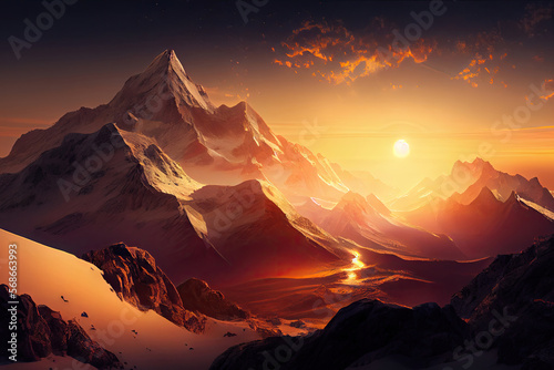 panorama picture of a snow covered mountain, the sun is setting