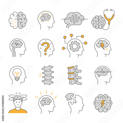 Neurology line icons, such as intervertebral hernia, hernia, insomnia, memory impairment and more. Editable stroke.