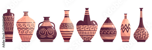 Greek vase ancient jar set isolated. Ceramic vase with greek symbol. Cartoon vector illustration. Pottery jar earthenware antique design