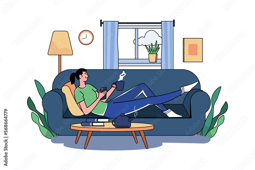 Obraz premium Girl heaving Coffee and relaxing on the sofa