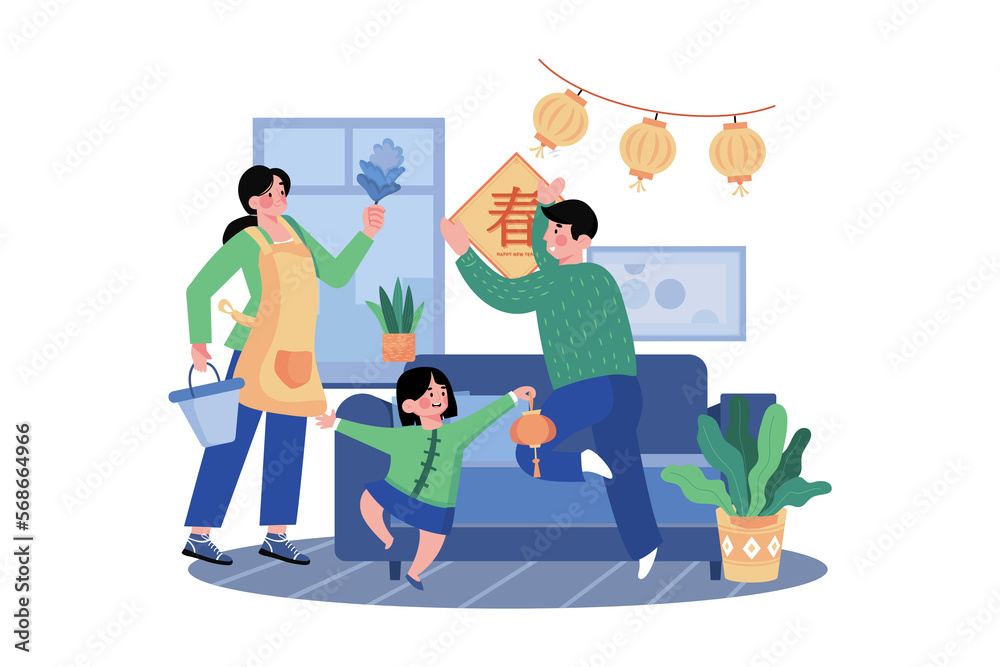 The family has wall decorations when preparing the house for the lunar new year.