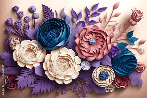 3D floral craft purple, rose, pink and blue flowers in light background made with Generative AI