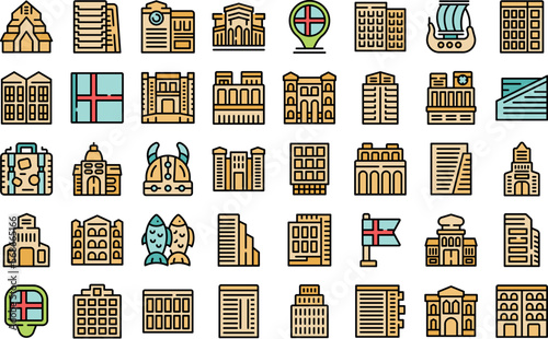 Oslo icons set outline vector. National cityscape. Norway coast color line on white isolated