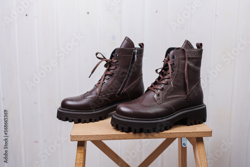 Women's burgundy leather boots. Women's spring-autumn shoes 2023 photo