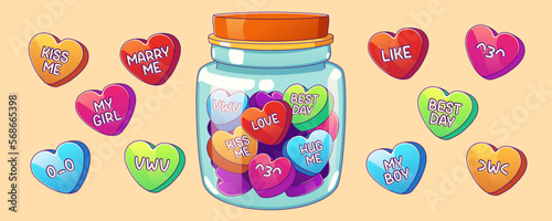 Sweet valentines, candies in heart shape for love conversation. Cute sweethearts candies with text messages in glass jar, vector illustration in contemporary style isolated on background