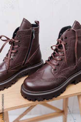 Women's burgundy leather boots. Women's spring-autumn shoes 2023