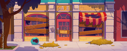 Abandoned cafe after bankruptcy, closure or failure. City street with old coffee shop or restaurant exterior with boarded up windows, broken glass and sign, vector illustration in contemporary style