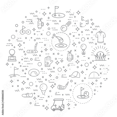 Simple Set of golf Related Vector Line Illustration. Contains such Icons as sport, ball, field, stick, glove, cart, umbrella, flag and Other Elements.
