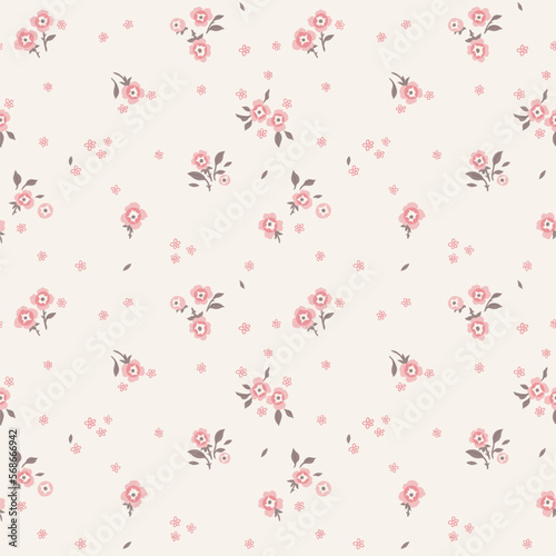 A pattern of small pink flowers on a light background. Graphic print, floral illustration, floral vector, vector floral pattern. Cute aesthetic composition for wallpaper, print, poster, postcard.