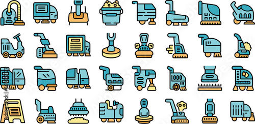 Floor washing machine icons set outline vector. Cleaning staff. Job apartment color line on white isolated