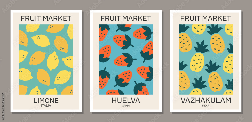 Set of retro aesthetic fruit market wall art posters
