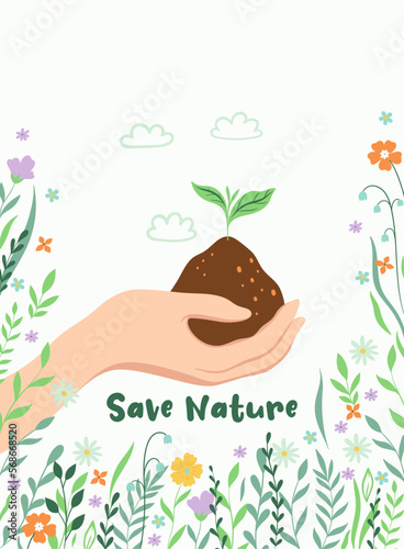 Postcard or poster with a handful of earth and flowers. Vector graphics.