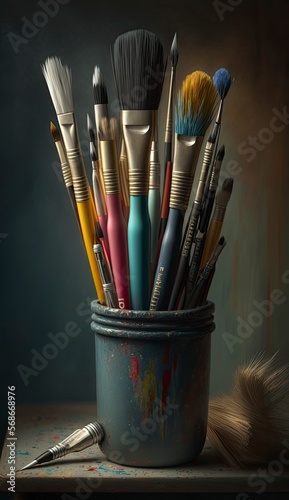 pot of brushes on an artists desk 