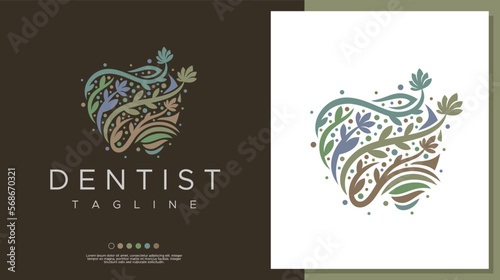Decorative floral leaf dental tooth logo design template