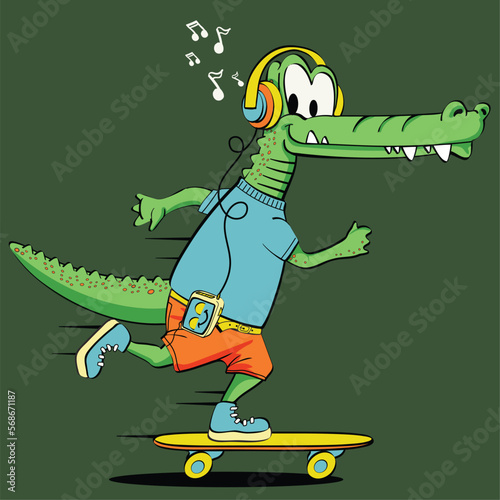 cool crocodile cartoon. aligator skateboard illustration