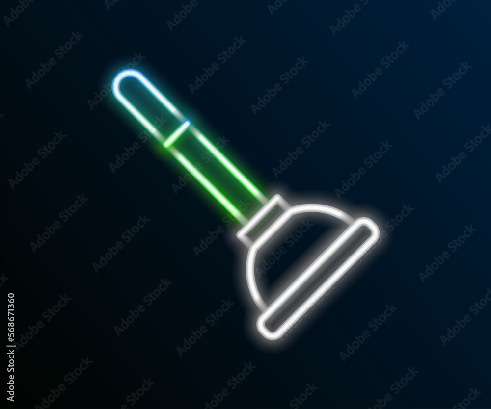 Glowing neon line Rubber plunger with wooden handle for pipe cleaning icon isolated on black background. Toilet plunger. Colorful outline concept. Vector Glowing neon line Rubber plunger with wooden handle for pipe cleaning icon isolated on black background. Toilet plunger. Colorful outline concept. Vector