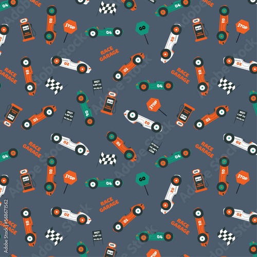 Toy Racing Cars. Vector Seamless Pattern with Doodle Sport Car. Cartoon Transportation Blue Background for Kids