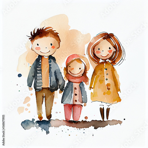 Watercolor illustration of a happy family. Generative ai