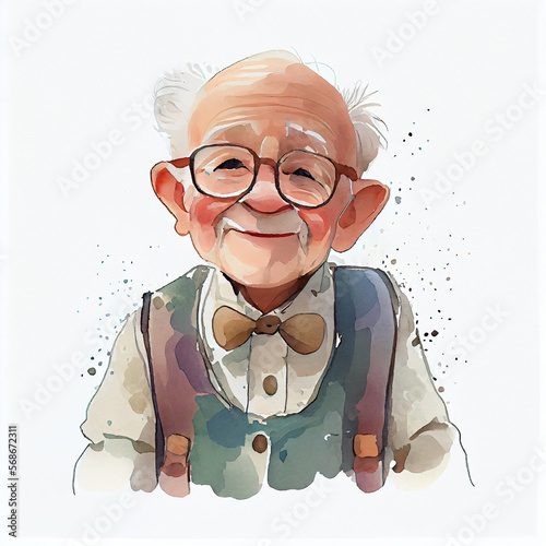 Watercolor illustration of an elderly man smiling. Generative ai