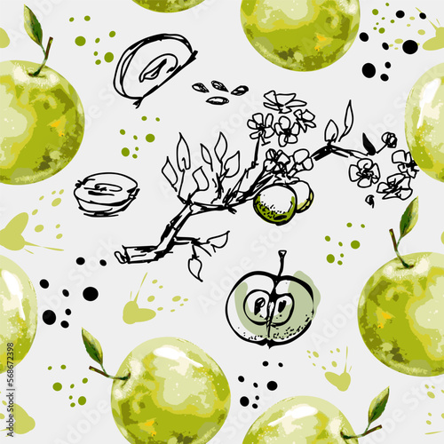 Fototapeta Naklejka Na Ścianę i Meble -  A set of hand-drawn sketches with apples and leaves. Vector illustrations with whole and cut fruits. Collection of isolated objects on a white background 