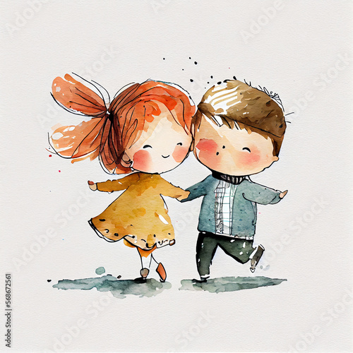 Watercolor illustration of a cute love couple dancing. Generative ai