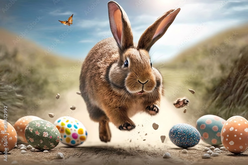 Running happy Easter bunny with eggs flying everywhere. Easter bunny with  easter eggs, Easter day concept generative AI Stock Illustration | Adobe  Stock