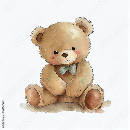 Watercolor illustration of a sweet happy teddybear. Generative ai