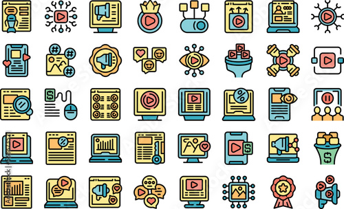 Viral content icons set outline vector. Like strategy. Magnet video color line on white isolated