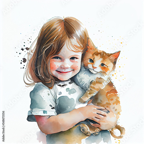 Watercolor illustration of a cute girl holding a cat. Generative ai