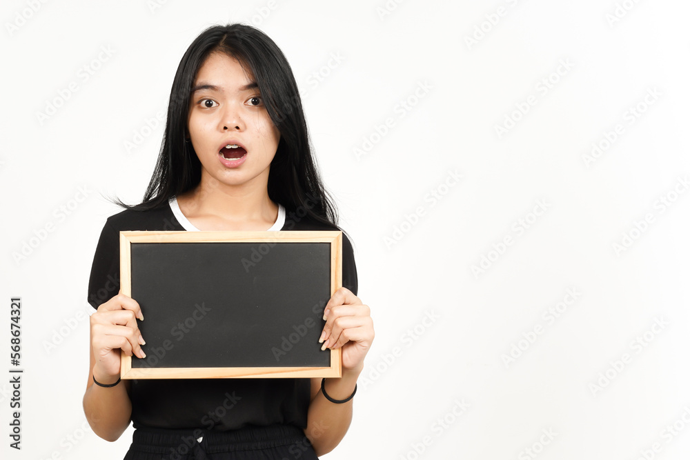 Showing, Presenting and holding Blank Blackboard with Shocked Face Of Beautiful Asian Woman Showing, Presenting and holding Blank Blackboard with Shocked Face Of Beautiful Asian Woman