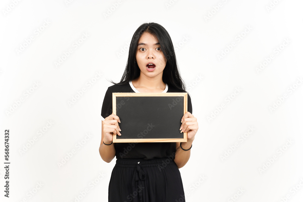 Showing, Presenting and holding Blank Blackboard with Shocked Face Of Beautiful Asian Woman Showing, Presenting and holding Blank Blackboard with Shocked Face Of Beautiful Asian Woman
