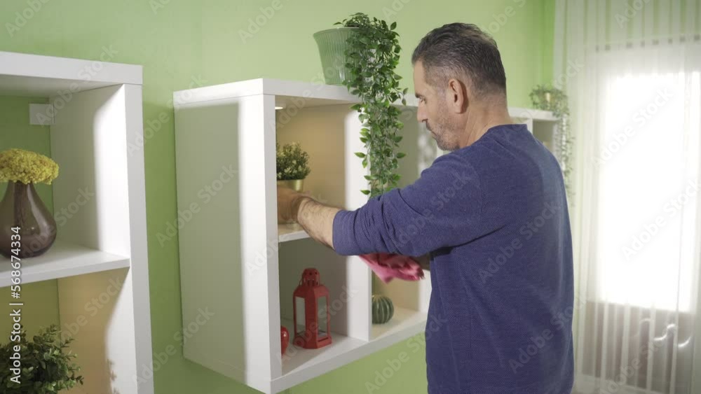 Mature man cleaning at home alone happy and in good spirits.
Single mature man cleaning at home, using duster to clean furniture shelves in living room.
Mature man cleaning at home alone happy and in good spirits.
Single mature man cleaning at home, using duster to clean furniture shelves in living room.